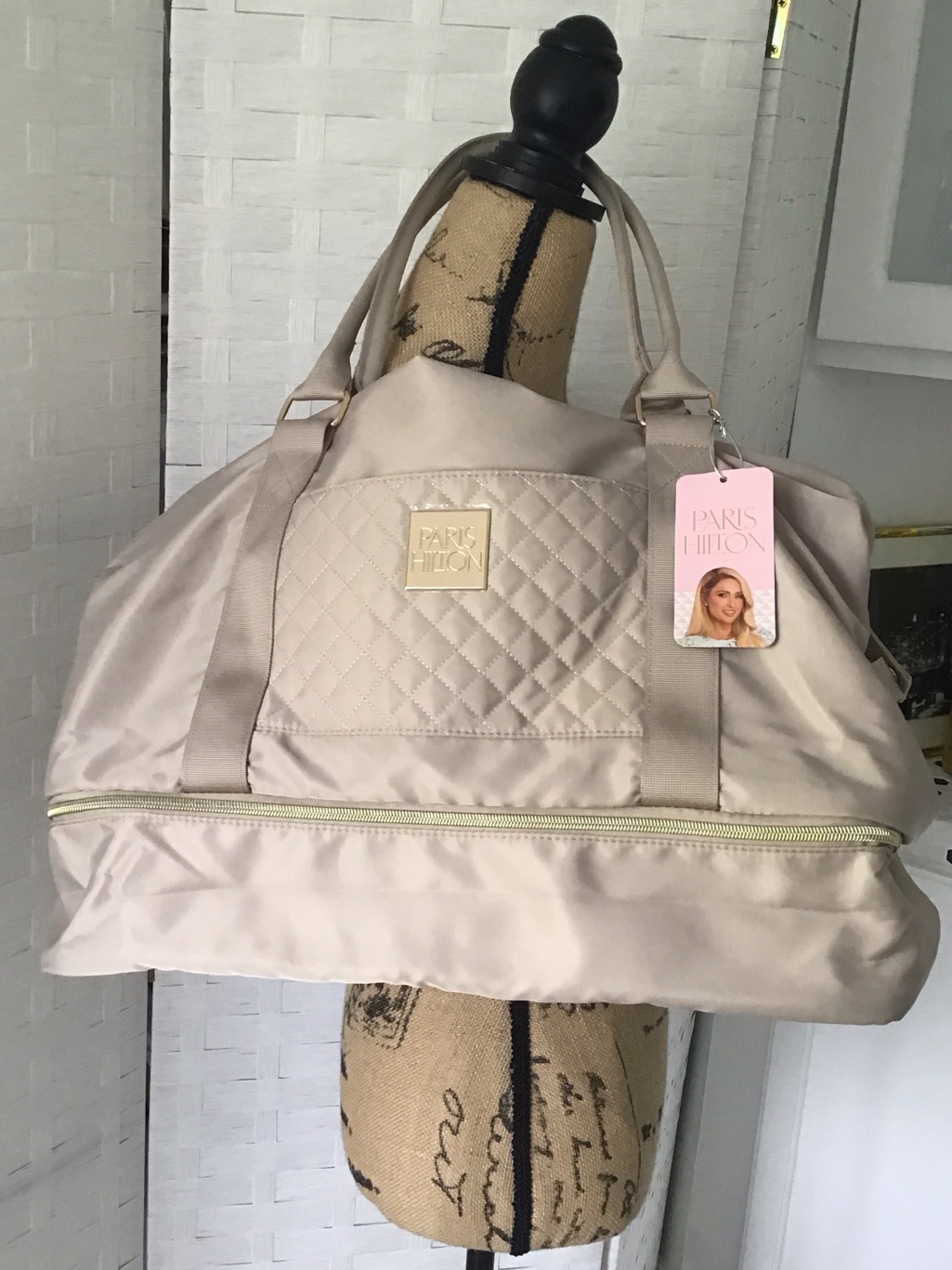 Paris Hilton Light Cream Quilted Travel Duffle. ##